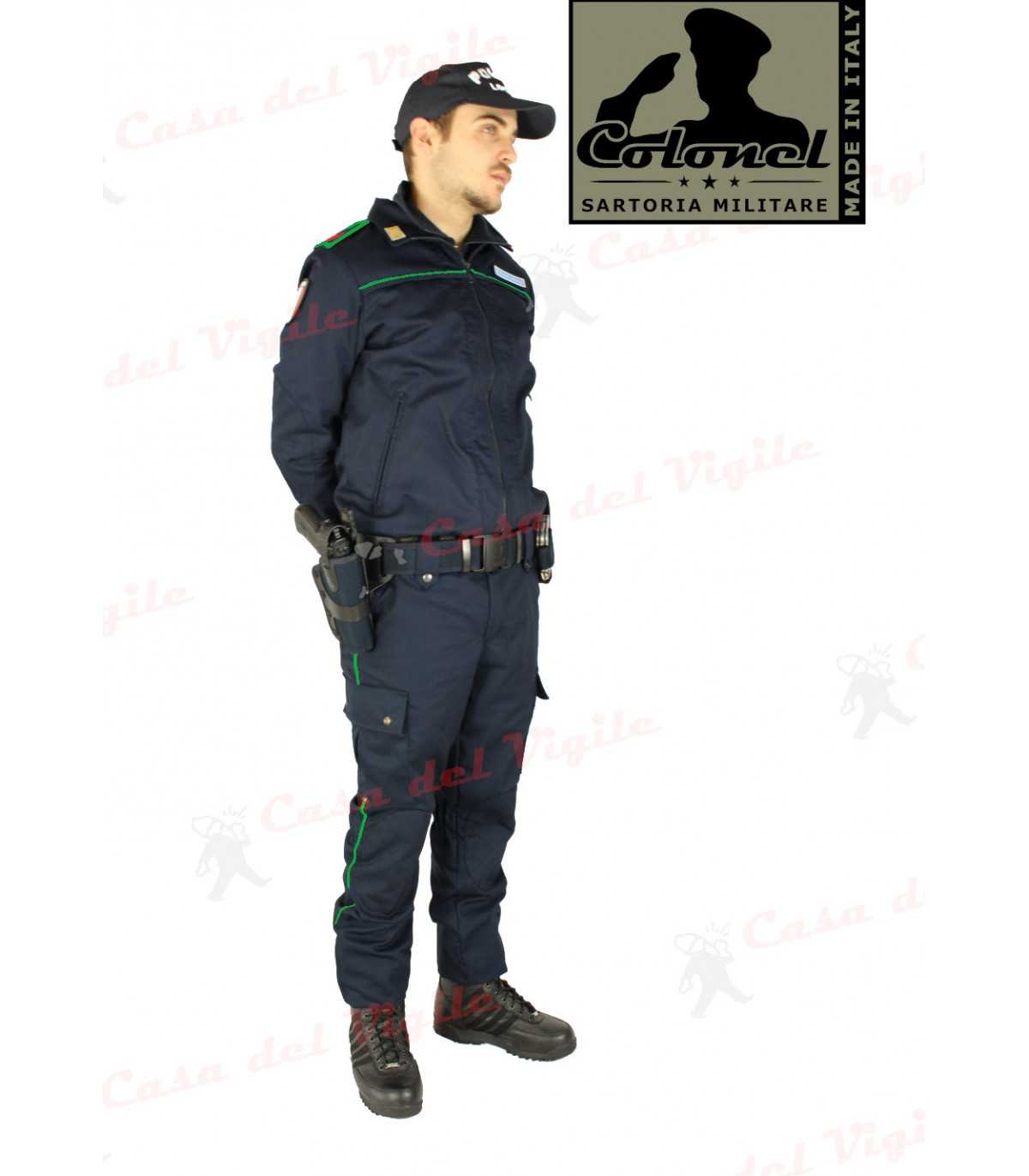 Divisa completa tipo tuta operativa colore Blu Navy Giacca Sahariana e Pantaloni operativi Polizia Locale Guardia Giurata AEOP Color Blue Profili filetti YELLOW